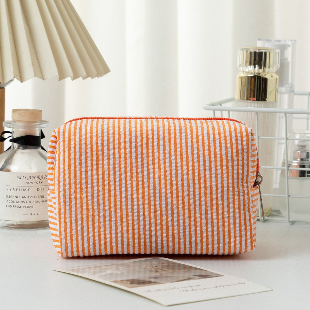 Cross-border hot selling seersucker cosmetic bag hand holding large capacity toiletry bag embroidered stripe travel cosmetics storage bag