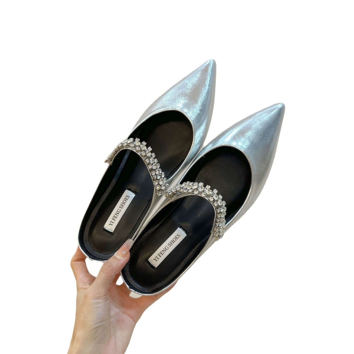 Lambskin ~ 5CM inner height increase half slippers women's summer wear pointed toe rhinestone silver mules toe toe sandals women