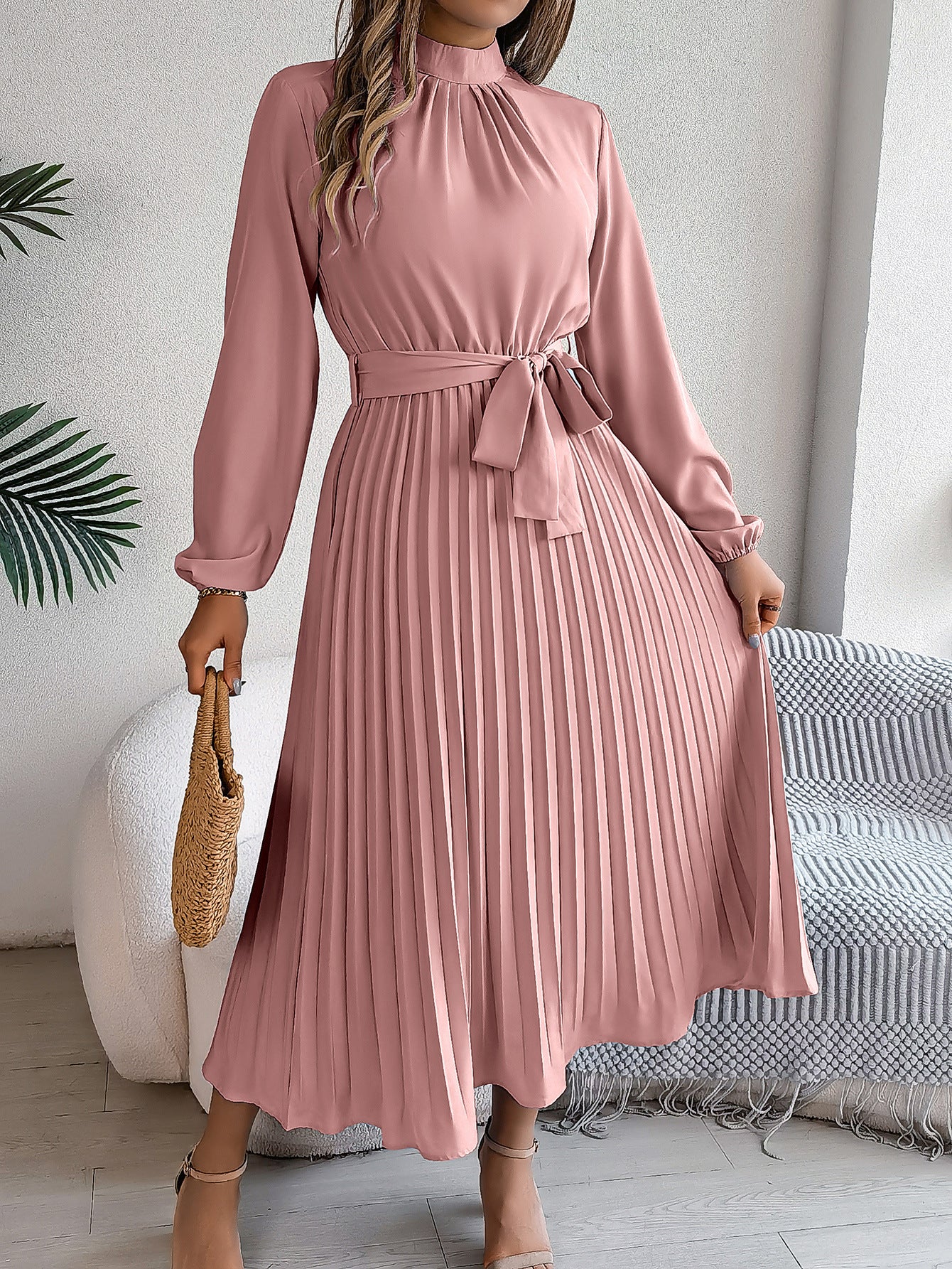 2024 Europe and the United States Fall/Winter Elegant Stand-up Collar Long Sleeve Cinched Waist Pleated Long Skirt Small Dress Amazon Cross-border Women's Wear
