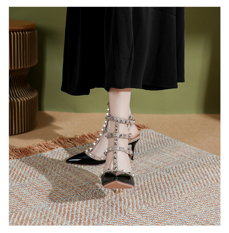 High version studded pointed-toe high heels summer 2025 European and American sexy willow ding stiletto heel three-ring strappy sandals women