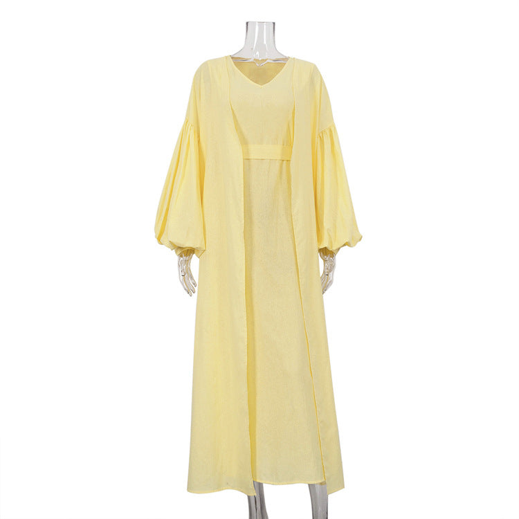 Foreign trade women's clothing 2024 spring and autumn new casual vest dress puff sleeve solid color robe set of two
