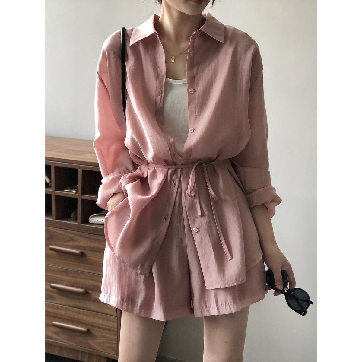 Words double drape breathable sunscreen shirt set women's summer loose thin shirt wide-leg shorts women's 80573