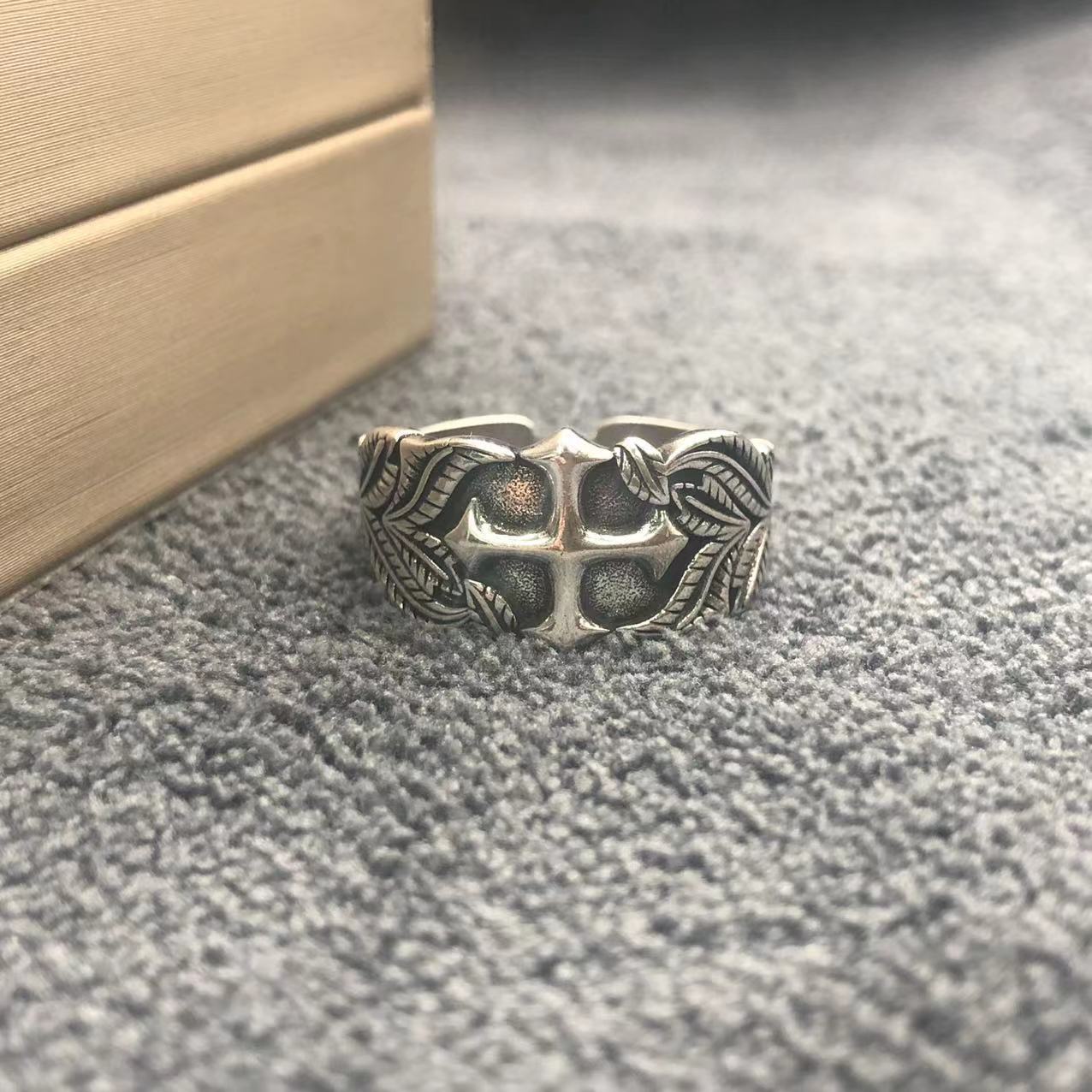 Yishang S925 Thai Silver Old Vintage Ring Men's Trendy Cool Cross Opening Adjustable Sense Ring Index Finger Ring