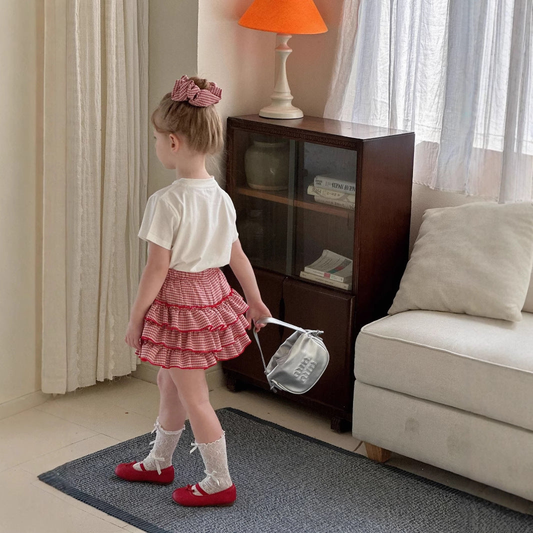 Girls' culottes and pants set 2025 summer new children's embroidered bow T-shirt baby plaid shorts two-piece set