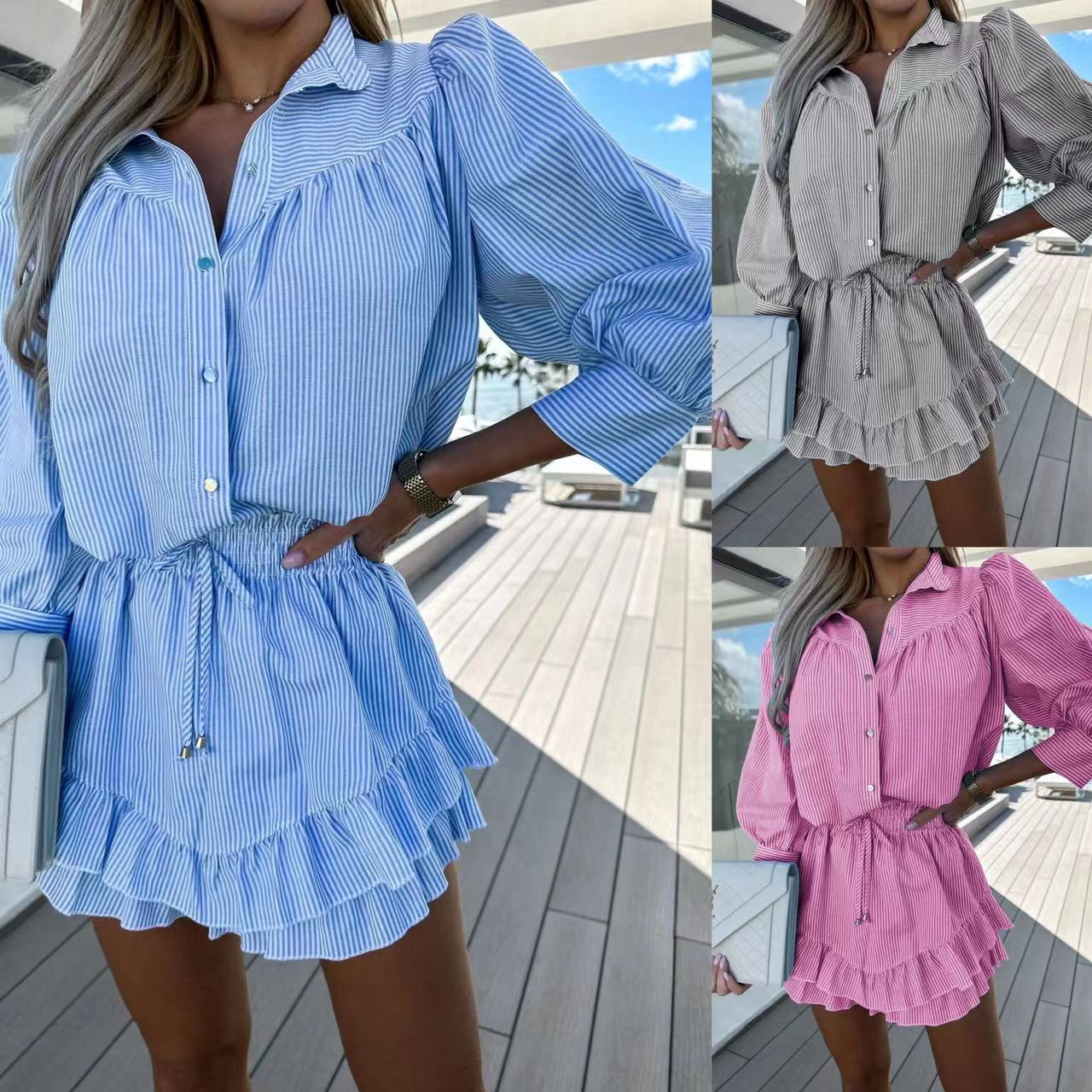 European and American women's clothing 2023 new cross-border independent station AliExpress ins casual fashion striped shirt short skirt set