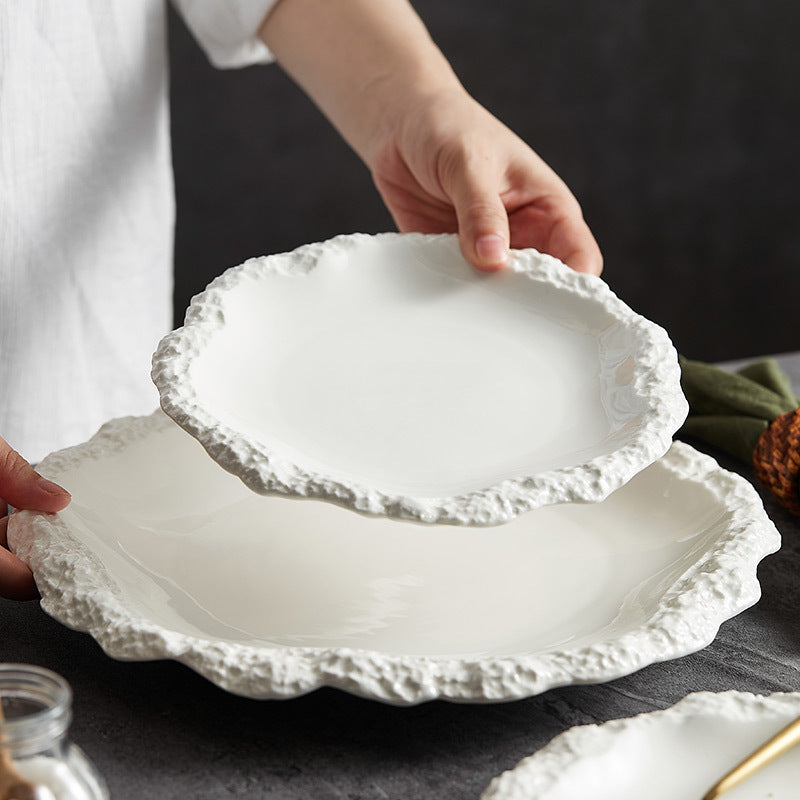 Quality and creative white porcelain private dish plate hotel restaurant stone texture edge characteristic ceramic Internet celebrity tableware