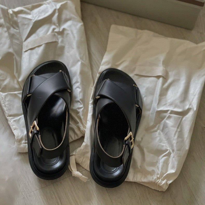 Sheepskin version ~ denim cross platform Roman sandals women wear retro open-toe genuine leather muffin sandals in summer