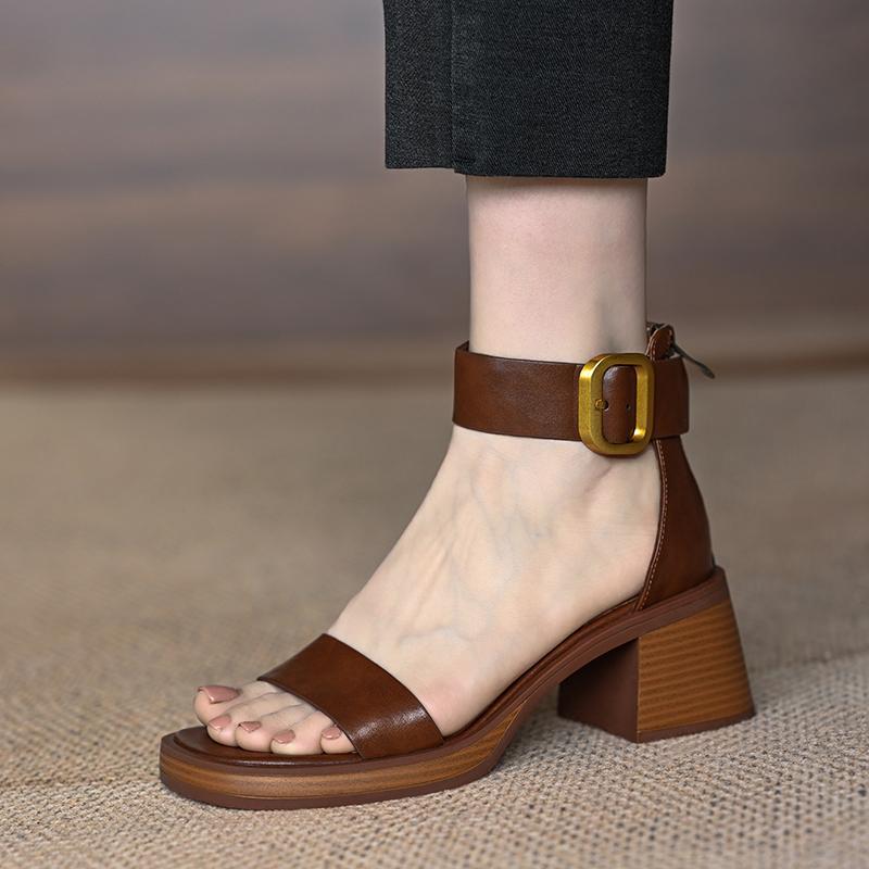 Mr. M Sandals Women's Summer Mid-Heel Platform French Retro Zip Block Heel Straight Buckle Roman Pumps