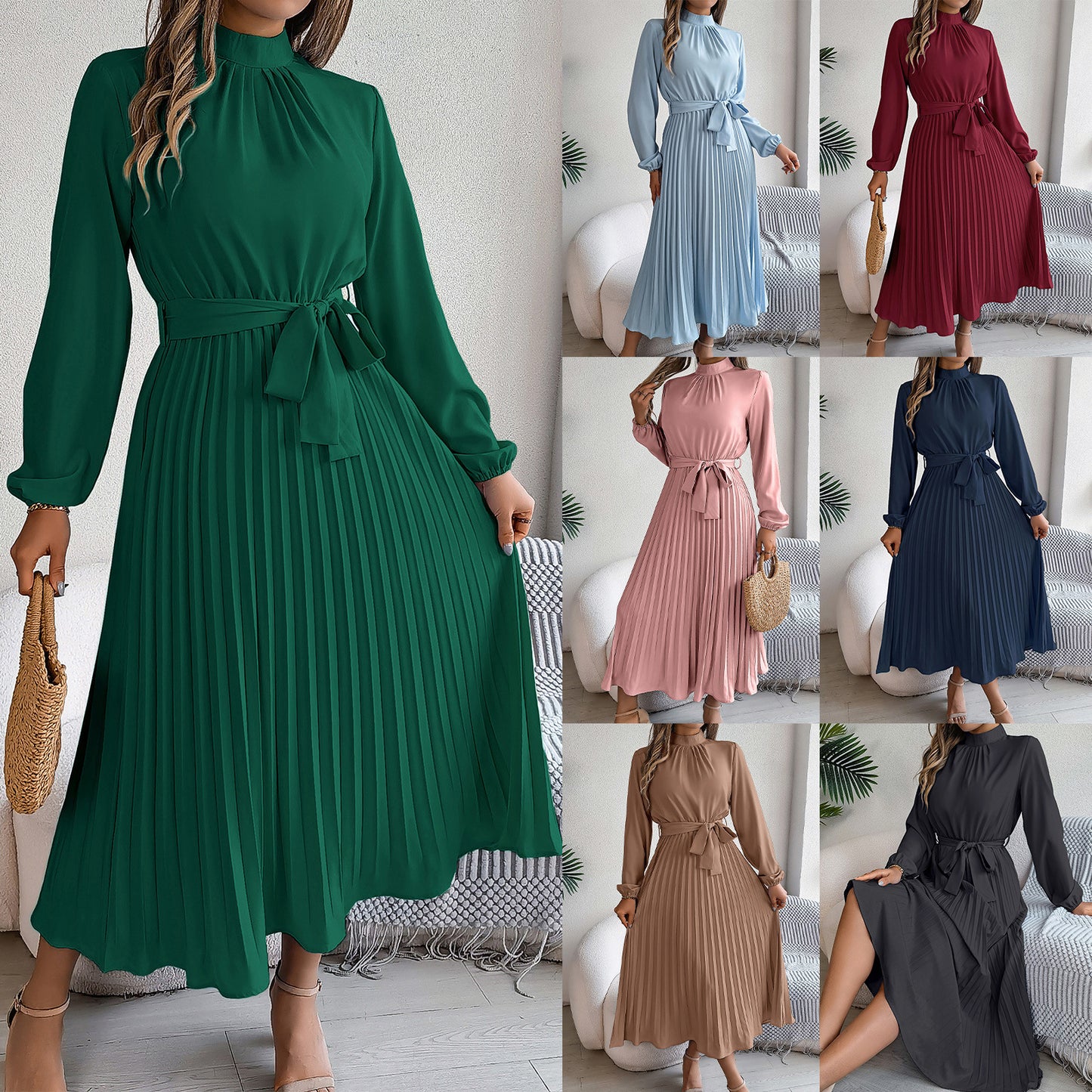 2024 Europe and the United States Fall/Winter Elegant Stand-up Collar Long Sleeve Cinched Waist Pleated Long Skirt Small Dress Amazon Cross-border Women's Wear