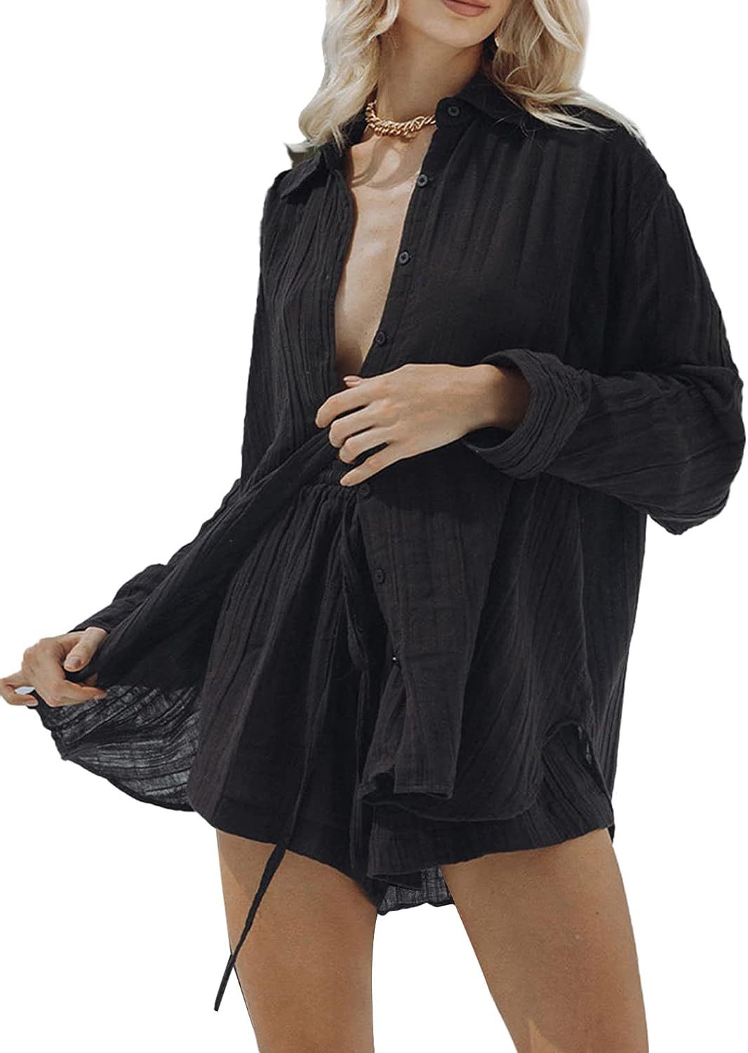 European and American women's casual two-piece set for summer 2023 new long-sleeved shirt, top and shorts tracksuit set