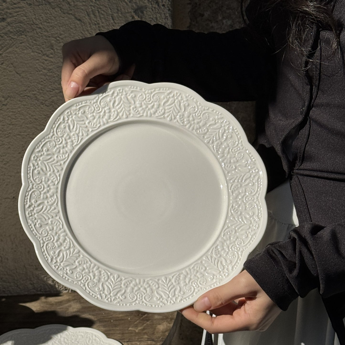 French vintage petal edge embossed ceramic pure white tableware dessert breakfast salad dinner plate coffee cup saucer