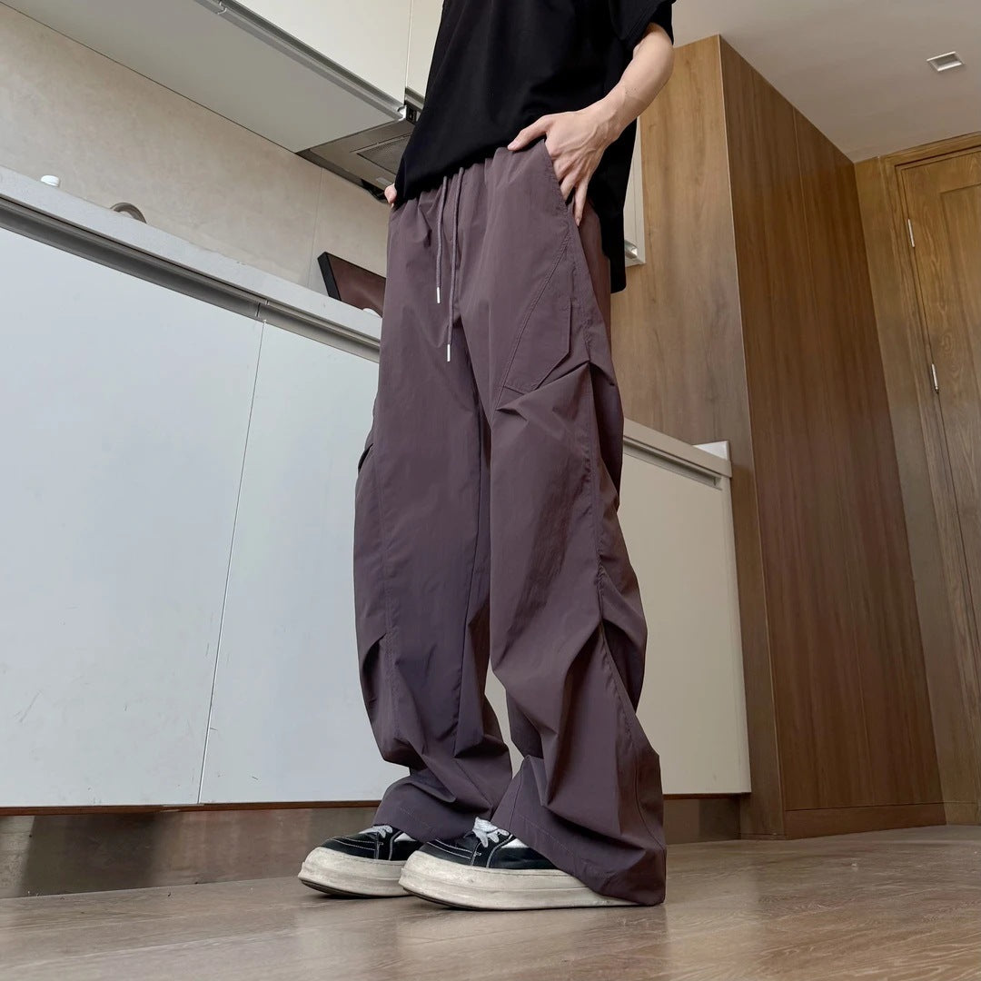 Summer thin casual ice silk cargo pants men's trend design sense is versatile, loose and breathable, American high street trousers