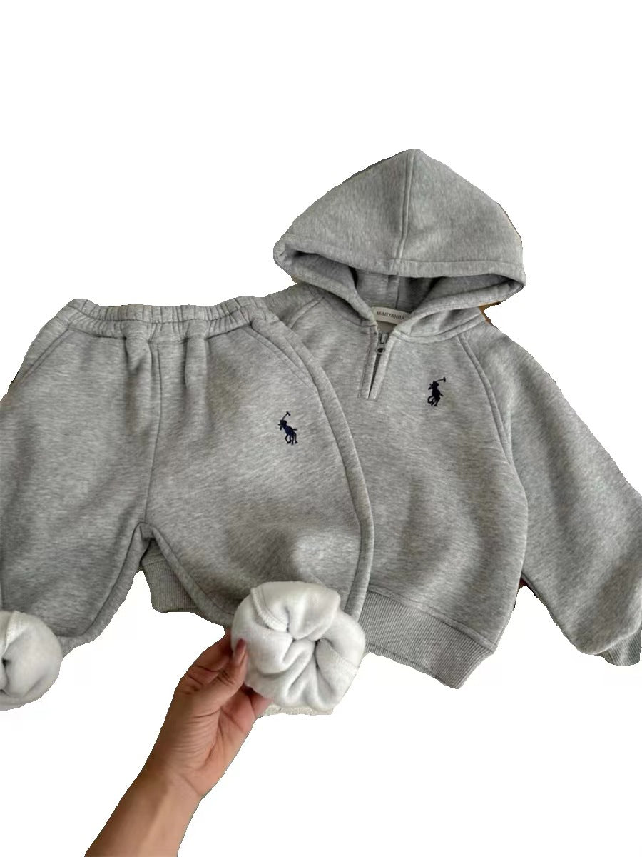 Boys and girls children's set 23 winter new men's and girls' half-zipper velvet hooded sweatshirt baby sweatpants two-piece set