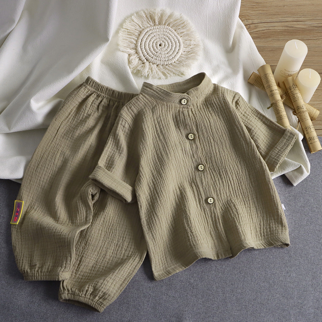 Children's stand-up collar cotton yarn set summer thin boys and girls cotton loungewear baby gauze air-conditioned clothing children's clothing