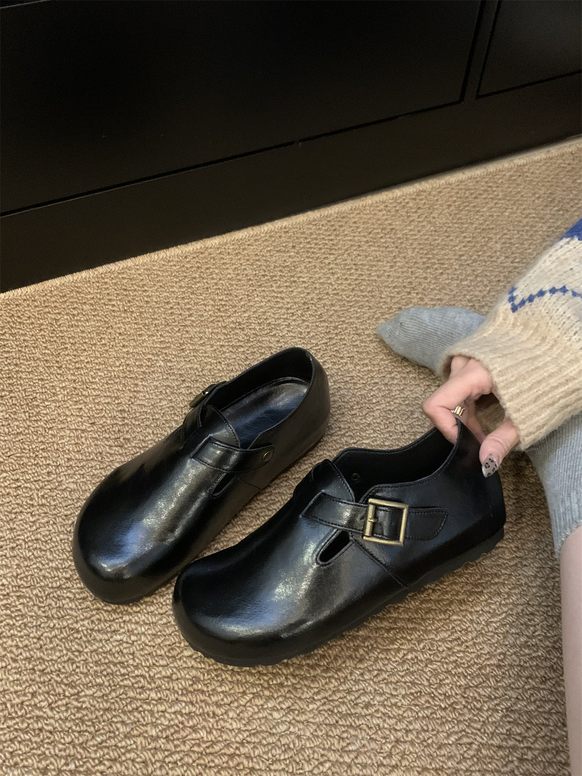 Thick-soled BirkenstocksWomen's ShoesWrap-toe-Semi-SlippersWear Fall/Winter 2024 Black Small Leather ShoesBoken Shoes