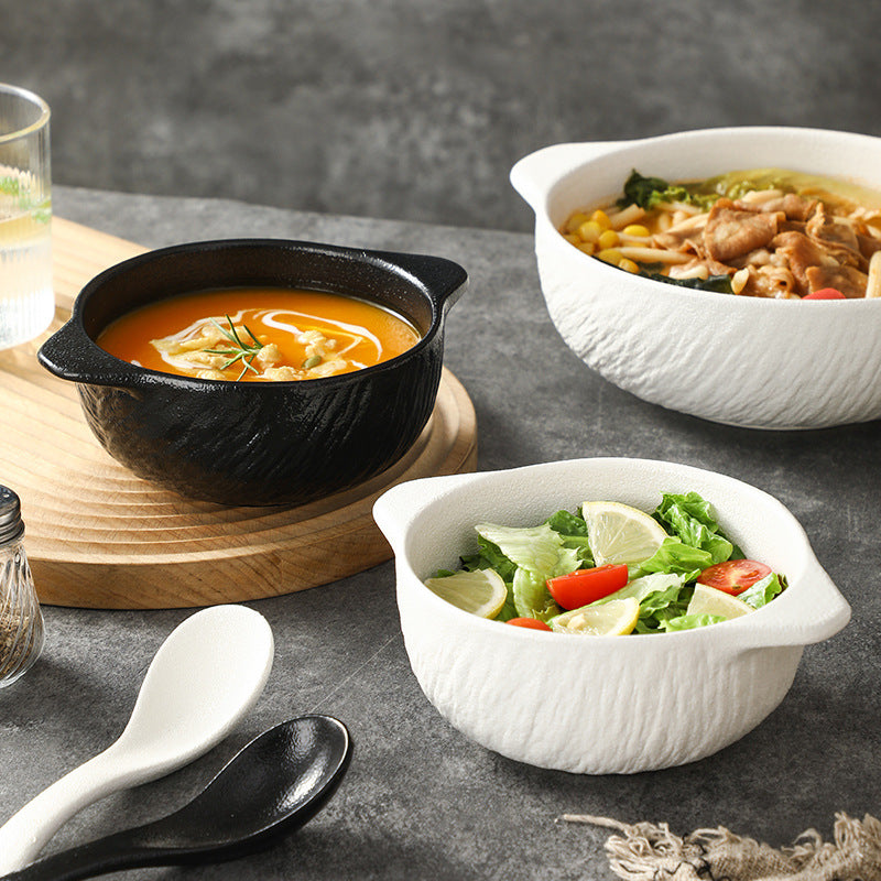 Ceramic amphora soup bowl creative anti-scald black and white simple large bowl Japanese style instant noodle bowl household large capacity soup pot baking bowl