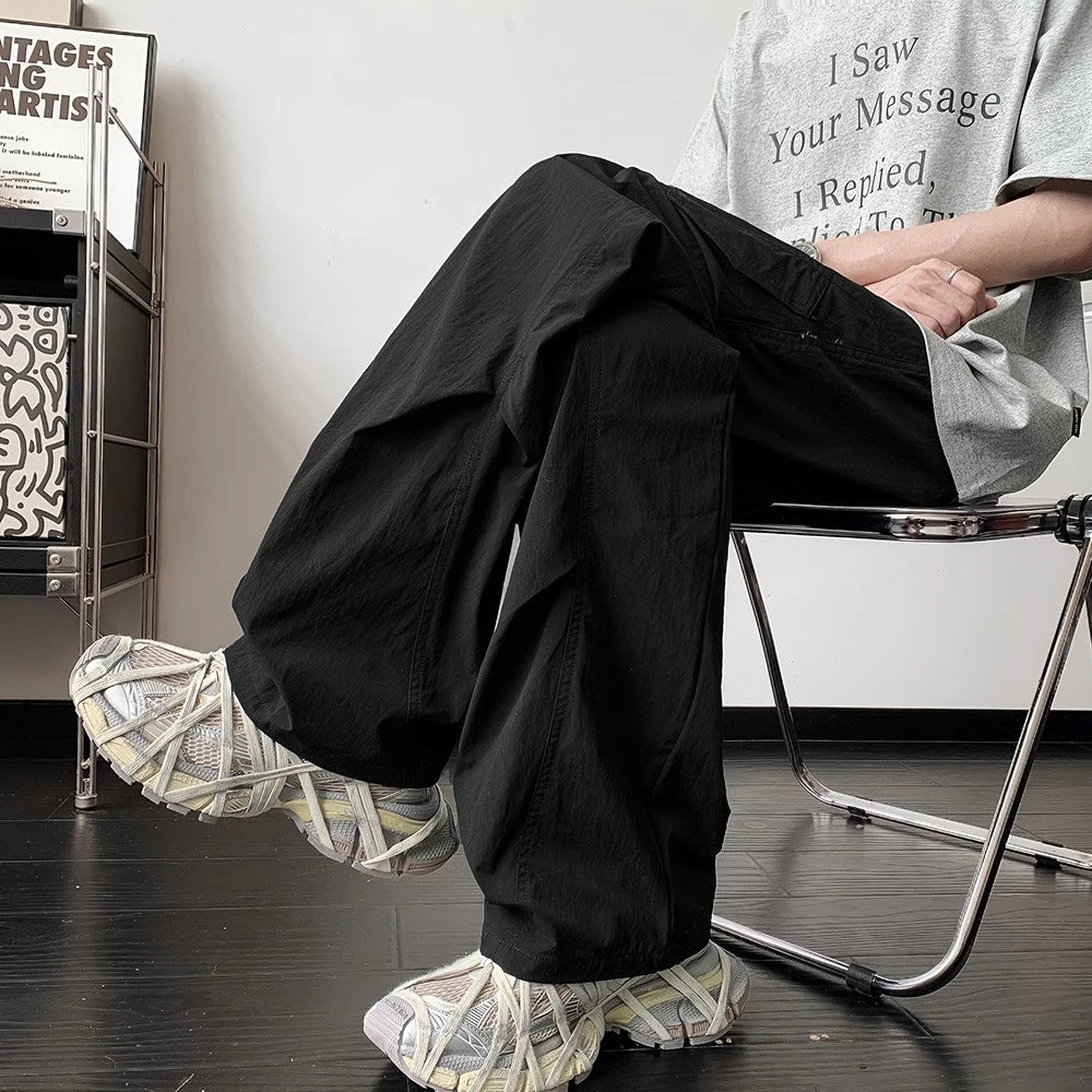Summer thin casual ice silk cargo pants men's trend design sense is versatile, loose and breathable, American high street trousers