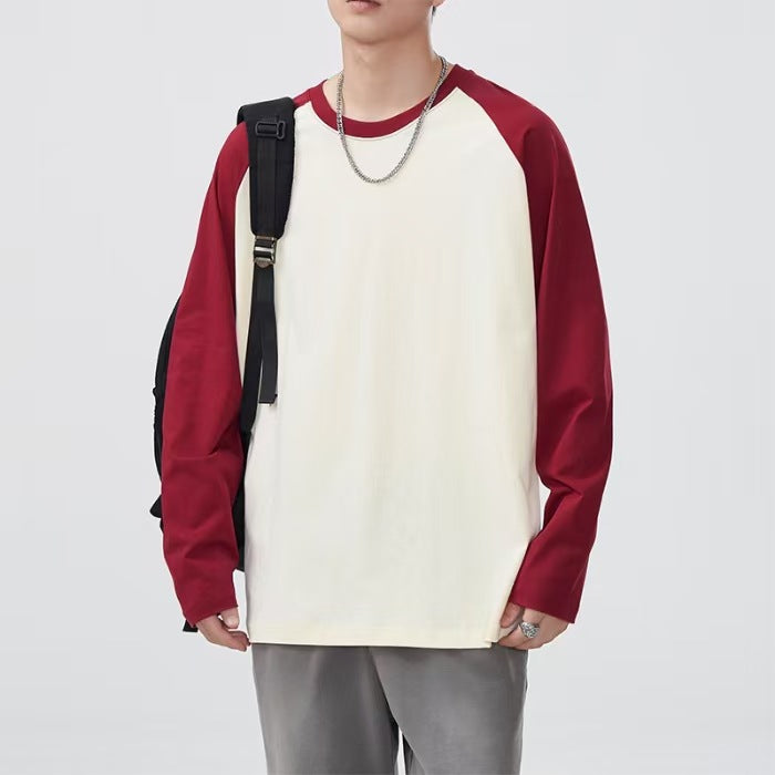 Heavy raglan cotton long sleeve t-shirt men's American contrasting stitching base layer shirt loose crew neck unisex long-sleeved T