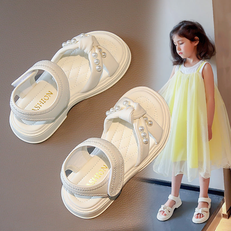 Girls Sandals 2024 Summer New Pearl Kids Shoes Summer Style Girls Foreign Princess Shoes Non-slip Beach Shoes