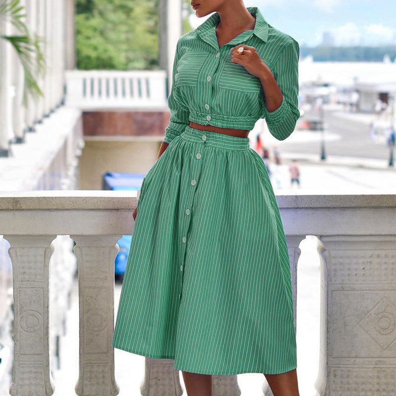 FD496 Spring 2025 Spring New Fashion Temperament Long Sleeved Striped Shirt Set Skirt Two-Piece Set