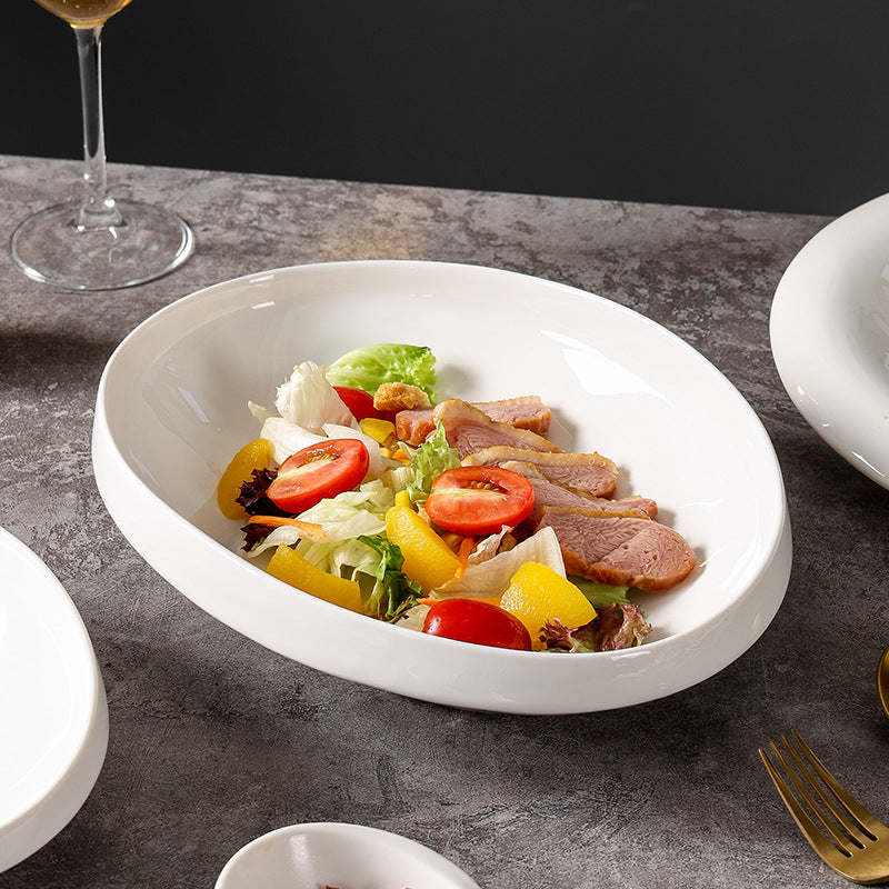 Nordic minimalist style pure white ceramic salad bowl home cold dish western dinner plate hotel business ceramics dessert pasta bowl