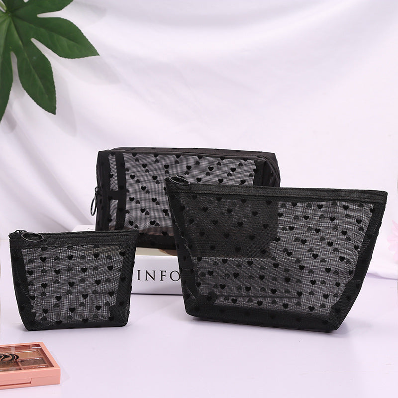 ins Japanese Korean girl heart flocking love mesh cosmetic bag transparent travel storage bag portable lipstick bag wholesale