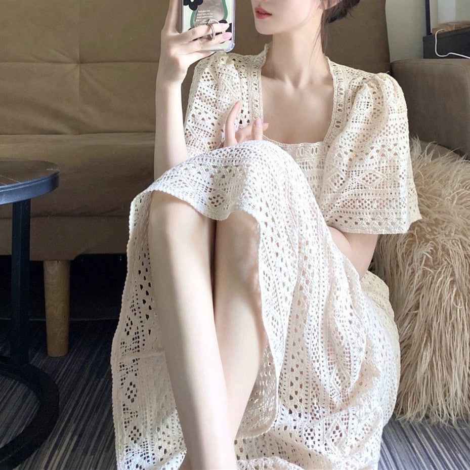 French temperament cut-out lace dress 2024 new summer sister light mature style thin square neck long skirt women