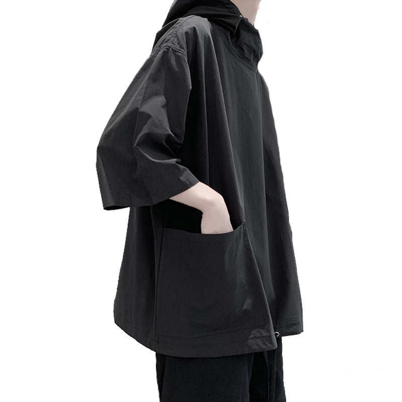 Summer Hooded Short Sleeve T-Shirt Men's Loose Quarter Sleeve Sweatshirt Trendy Trench Coat Type Pullover Medium Sleeve Clothes Summer Dress