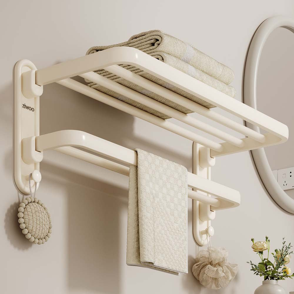Creamy round bath towel holder, non-perforated bathroom set, wall-mounted towel rack, toilet bathroom storage rack