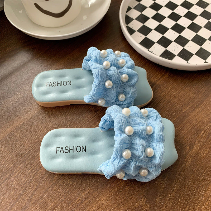 Children's parent-child slippers are worn outdoors in summer, indoor fashion, big pearls, fairy style, soft soles, girls' home, four seasons sandals
