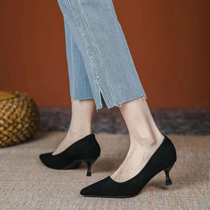Black suede high heels, women's etiquette, professional single shoes, thin heel temperament, shallow mouth, versatile work shoes, 2025 new shoes