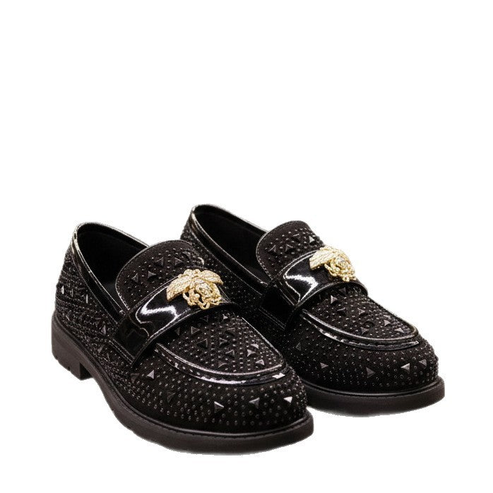 Black boys' leather shoes, British luxury full-diamond loafers, and high-end banquet performance shoes with African gold jewelry