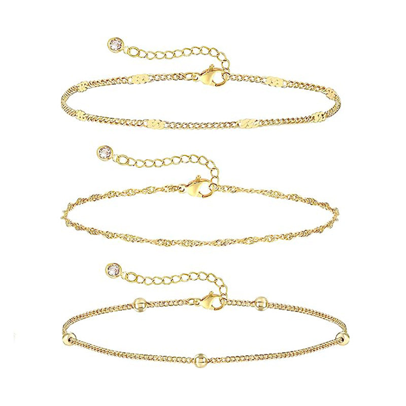 Amazon New 14K Gold Plated Three-Piece Bracelet Fashion Simple Bead Multilayer Chain Bracelet Anklet Spot Wholesale