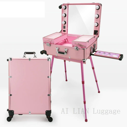 Professional Rolling Cosmetic Case Beauty Makeup Trolley suitcase LED