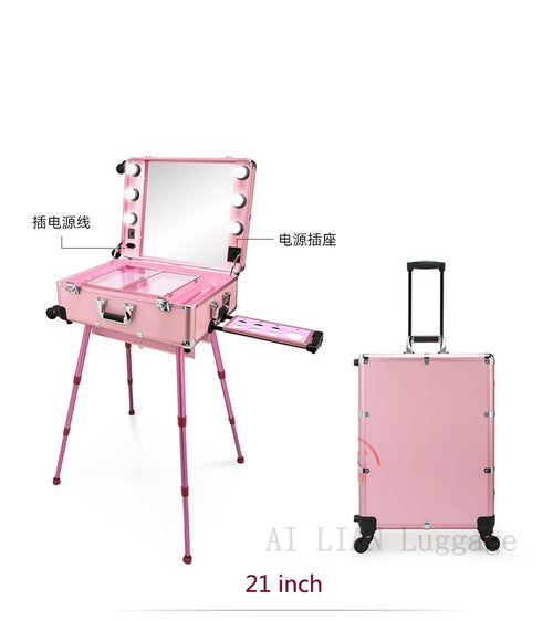 Professional Rolling Cosmetic Case Beauty Makeup Trolley suitcase LED