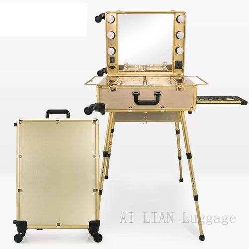 Professional Rolling Cosmetic Case Beauty Makeup Trolley suitcase LED