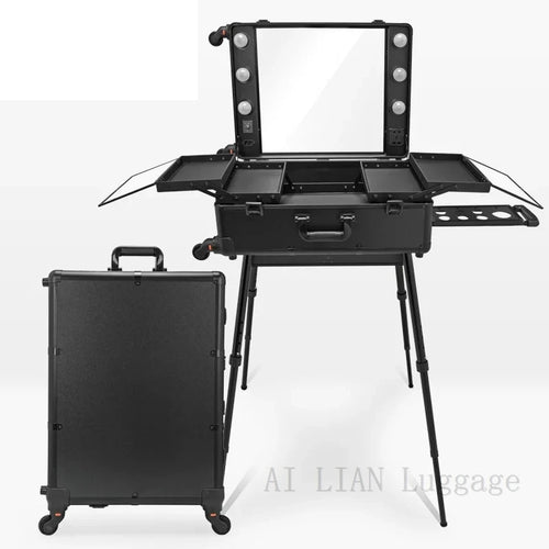 Professional Rolling Cosmetic Case Beauty Makeup Trolley suitcase LED
