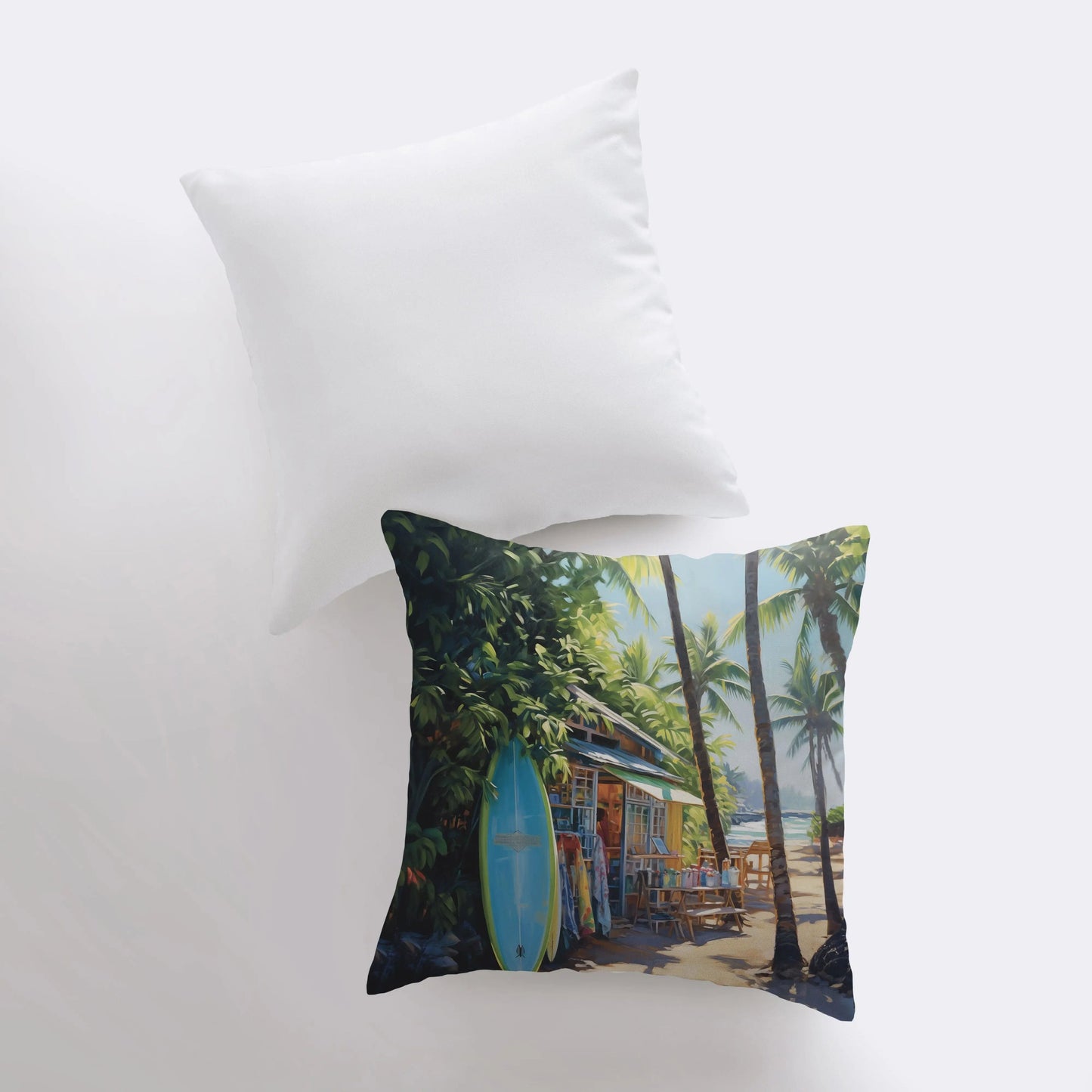Surf Hut | Gouache Painting | Coast | Surfboard | Palm Tree | Throw