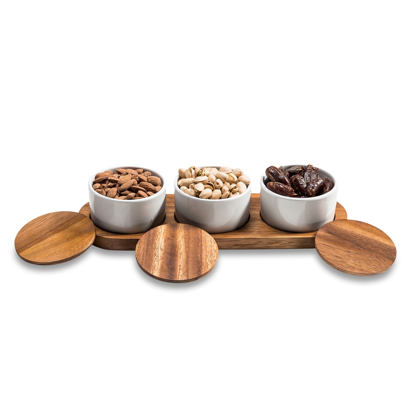 Ceramic Condiment Set on Acacia Wood Base 13" x 3.75"