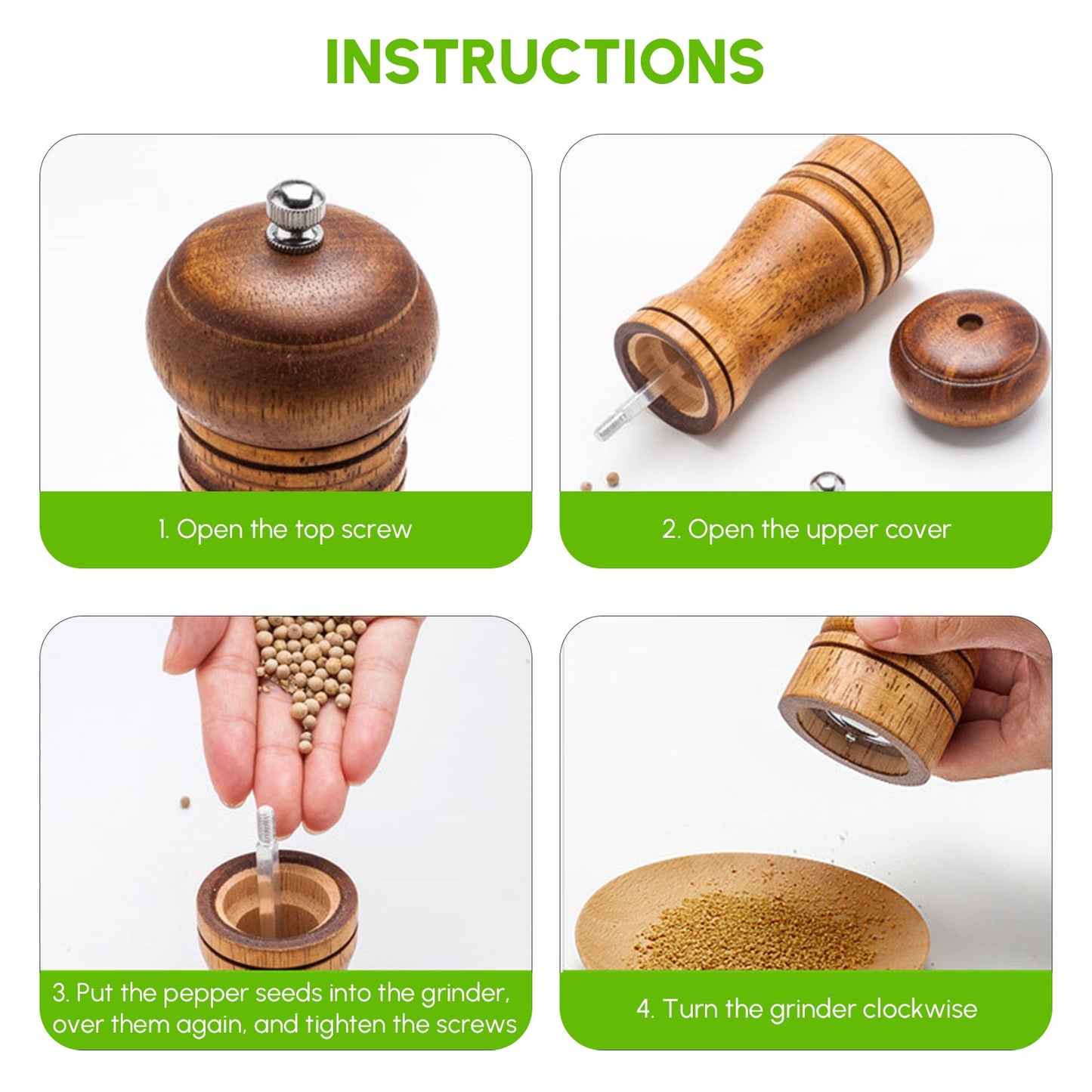 2X Wooden Pepper Grinder Pepper Mill Coarseness Adjustable Peppermill