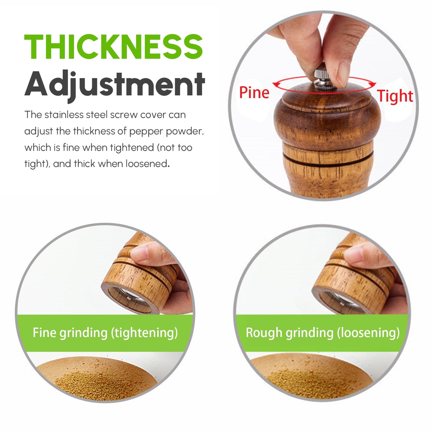 2X Wooden Pepper Grinder Pepper Mill Coarseness Adjustable Peppermill