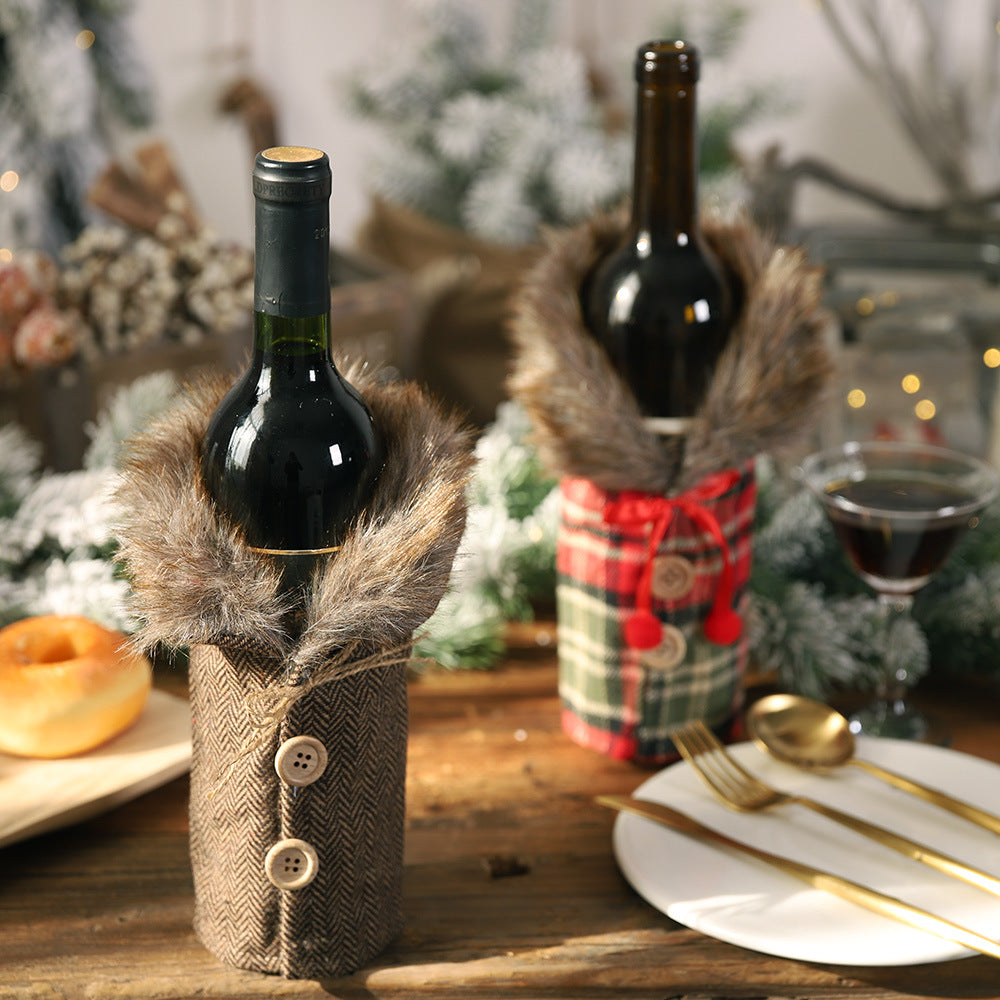 Haobei Christmas celebration new dining table wine bottle decoration striped plaid skirt wine bottle cover red wine cover foreign trade hot sale