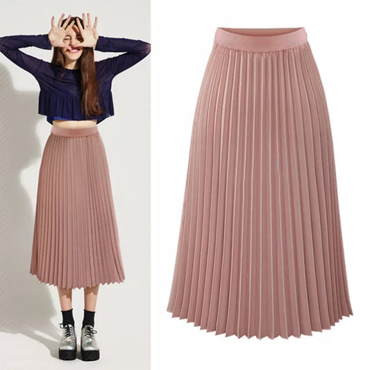 8889 European station new chiffon skirt mid-length pleated skirt elastic high waist slim fit loose skirt