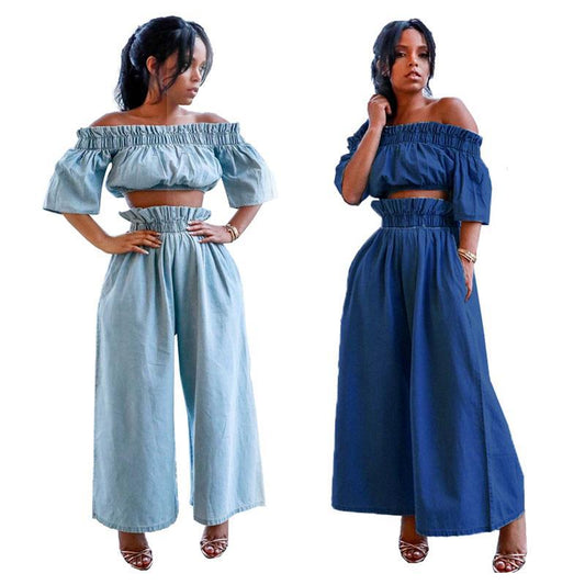 Spot Amazon new one-shoulder crop top European and American ruffles short sleeve wide-legged solid color denim suit women