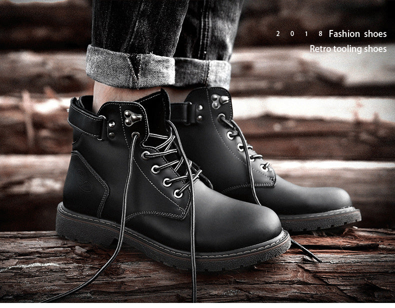 2025 New British Men's Fleece Martin Boots Casual Mid-Top Leather Boots Fashion Men's Cotton Boots Warm Boots Trendy Shoes
