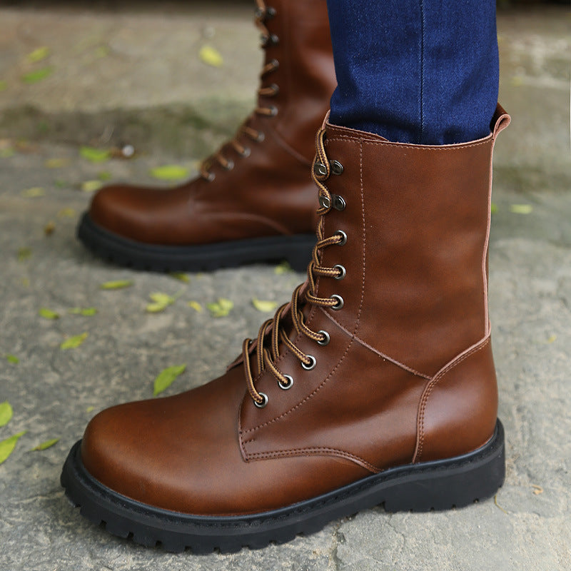 Men's Leather Boots Lightweight 48 Plus Size Cowhide High Top Non-Slip Cargo Boots Wearable Fleece Warm Martin Boots Vintage
