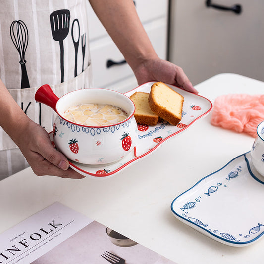 One person eating Japanese ceramic breakfast bowl and plate set creative Internet celebrity plate dish plate household oatmeal bowl strawberry pattern