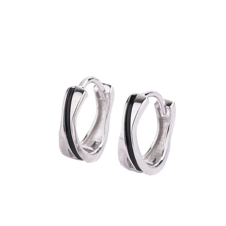 S925 sterling silver black drop glaze hip hop earrings men's Korean temperament personality hipster ring hoop earrings