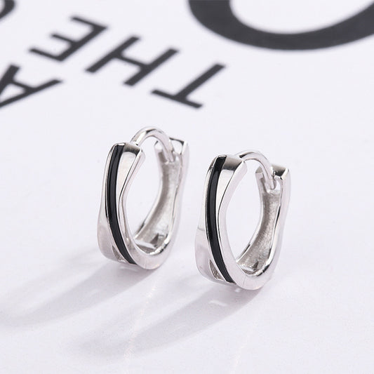 S925 sterling silver black drop glaze hip hop earrings men's Korean temperament personality hipster ring hoop earrings
