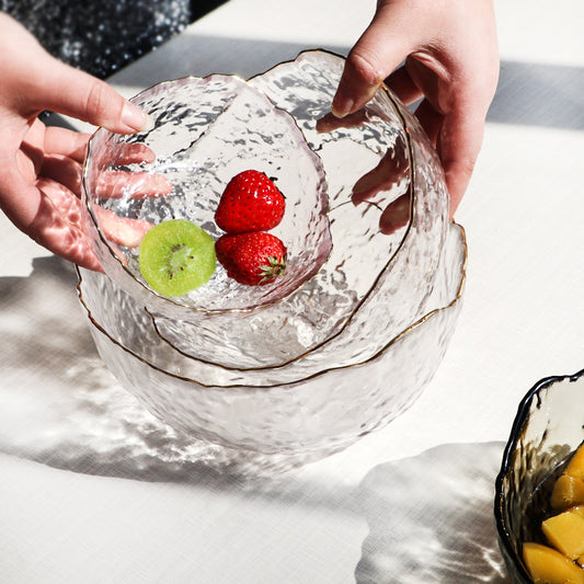 Japanese style hammer pattern gold rim glass bowl home heat resistant transparent irregular fruit salad bowl tableware noodle bowl wholesale